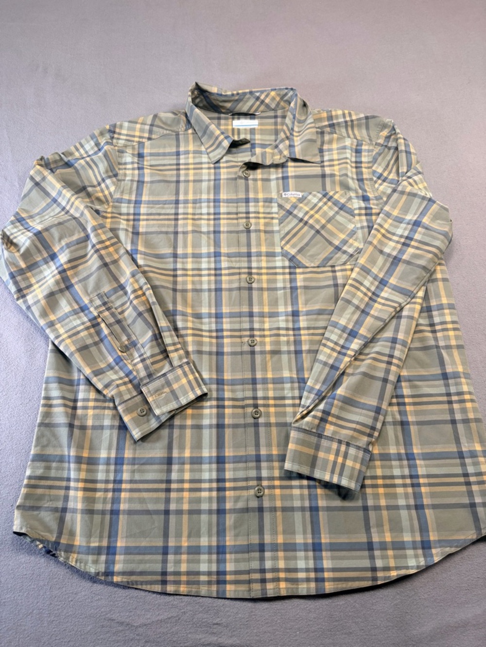 Columbia Shirt Mens XL Green Plaid Stretch Button Front Long Sleeve Outdoor